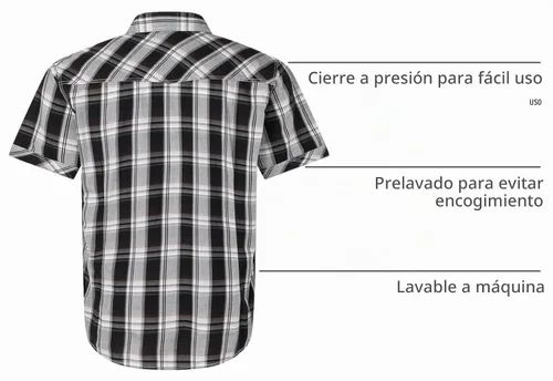 Vista 3 de Camisa casual para hombre estilo western con botones, de manga corta, dos bolsillos BLKWHT.