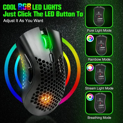 Vista 5 de BENGOO Mouse inalámbrico para juegos, mouse de computadora USB inalámbrico con 6 botones programados, 3 retroiluminación DPI RGB ajustables