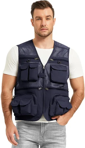 Vista 8 de Chaleco Flygo para hombre, para pesca, trabajo, safari, viaje de reportajes o para actividades al aire libre en verano, con bolsillos