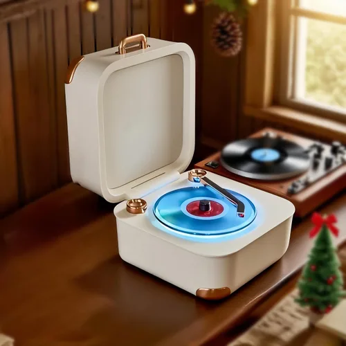 Vista 10 de Altavoz Bluetooth retro con luz de vinilo RGB, Turnables, tocadiscos pequeño, deco estética, sonido estéreo, batería larga, mini altavoz vintage