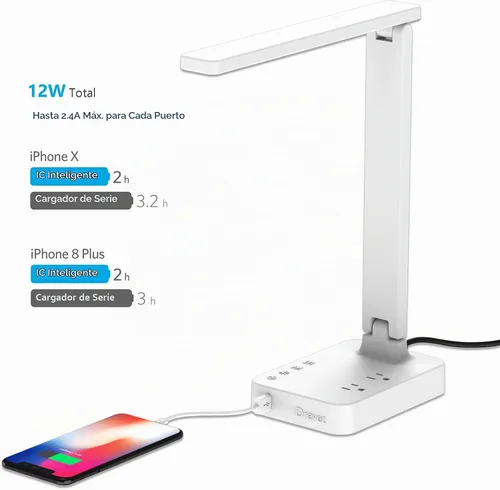 Vista 4 de Drevet Lámpara de escritorio LED, luz de escritorio con 1 puerto de carga USB y 2 tomas de corriente alterna, 3 modos de iluminación, 3 niveles