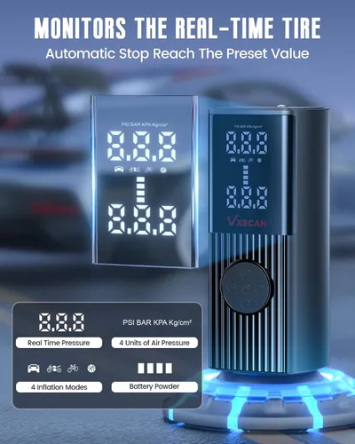Vista 4 de Inflador de neumáticos, compresor de aire portátil para neumáticos de automóvil, batería de 150 PSI y 20000 mAh, bomba de neumáticos inalámbrica