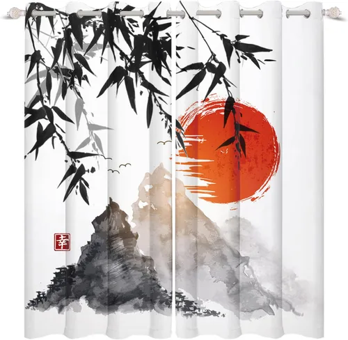 Vista 5 de Cortinas japonesas con pintura de tinta, monte Fuji, sol rojo, puesta de sol, hojas de bambú, cortinas de ventana para dormitorio, sala de estar