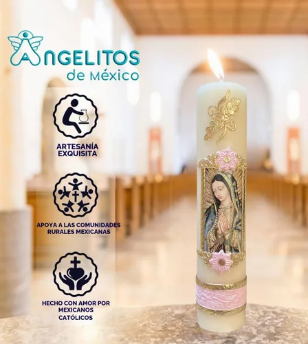 Vista 2 de Angelitos de Mexico Vela Rosa Artesana Virgen de Guadalupe Guadalupana