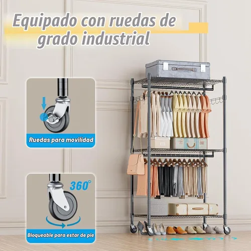 Vista 4 de Homdox Estante para ropa resistente con 3 estantes ajustables de alambre, estantes para ropa para colgar, estante de ropa de doble barra, armario