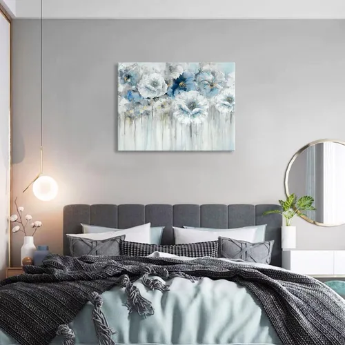 Vista 6 de Cuadro de flores para sala de estar, arte de pared floral azul y blanco sobre lienzo con detalles dorados para decoración de dormitorio gris, 32 x