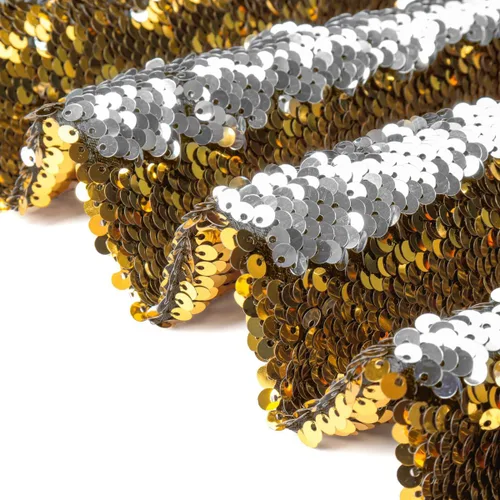 Vista 2 de Partisout Tela de lentejuelas reversible de 1 yarda: plata a oro de dos tonos, tela de purpurina de sirena para vestidos de bricolaje, telones