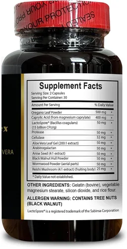 Vista 4 de Cápsulas complejas de hoja de orégano - Apoya el bienestar del colon y el equilibrio digestivo Suplemento de ácido caprílico - 1 botella 60