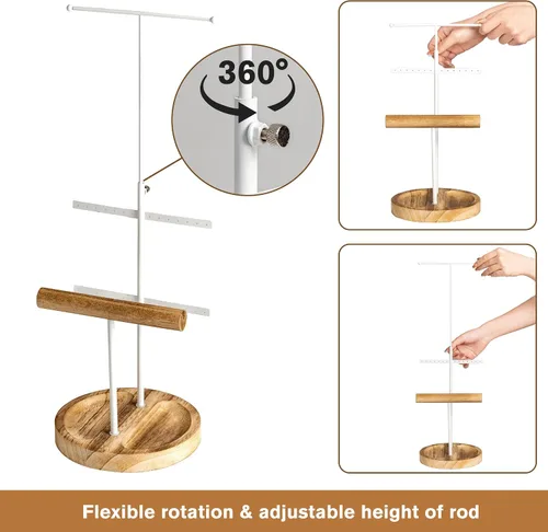 Vista 5 de Becko - Soporte de joyería de 4 niveles, organizador de platos para aretes, soporte para árbol de joyería, con bandeja para anillos de paulownia
