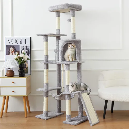 Vista 7 de Árbol grande para gatos, torre para gatos de varios niveles de 65 pulgadas de alto con postes rascadores cubiertos de sisal, condominio, hamaca