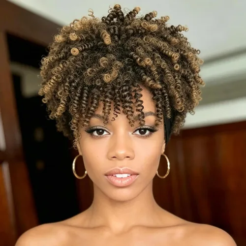 Vista 13 de Aisaide Peluca de Diadema Afro Rizada Crespa, Pelucas Afro Negras Cortas para Mujeres Negras, Peluca Sintética Rizada Crespa con Diadema y Flequillo