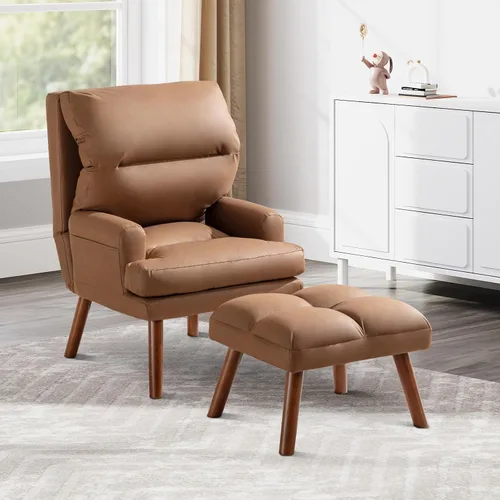 Vista 11 de IOMOR Silla Accent con otomano, silla de lectura cómoda, sillón con respaldo ajustable y bolsillos laterales, sofá de tela suave de ocio para Beige