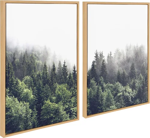 Vista 7 de Kate and Laurel Sylvie Lush Green Forest on a Foggy Day - Juego de arte de pared en lienzo enmarcado a la izquierda y a la derecha por The Creative