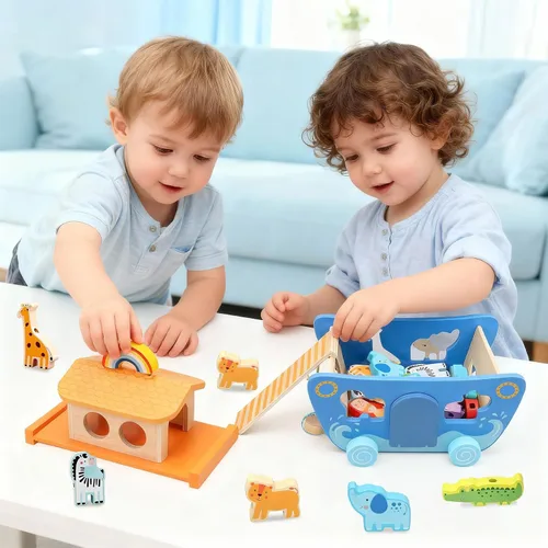 Vista 6 de Tooysea - Arca de Noé de madera con clasificador de formas de animales, regalos de bautismo para niños de 1, 2, 3, 4 años, juguetes Montessori