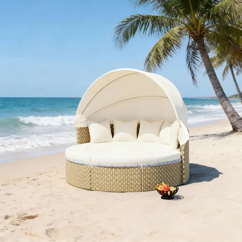 Vista 4 de KEVINSPACE Sofá cama para patio al aire libre con toldo retráctil, cojines lavables, muebles redondos de mimbre para exteriores, sofá modular de 65
