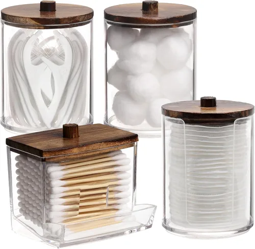 Vista 8 de Tbestmax Paquete de 4 contenedores Qtip para baño, dispensador de bolas de algodón/hisopos de 280/200 g, tarros de boticario con tapas de bambú