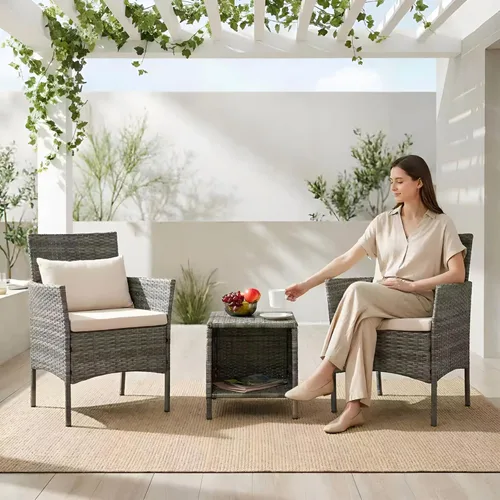Vista 10 de Tappio Juego de 3 piezas para conversación de patio, muebles de porche y balcón, muebles de chat al aire libre, sillas de mimbre y mesa almacenable