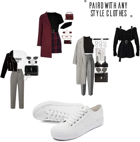 Vista 4 de Tenis de plataforma blanca para mujer, zapatos de tenis con plataforma negra, zapatos casuales con cordones, zapatos planos de lona para caminar