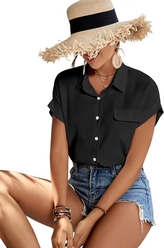 Vista 6 de LYANER Blusa casual con cuello enrollado para mujer, con mangas casquillo, con botones