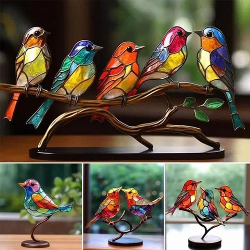 Vista 5 de Adornos de escritorio con diseño de pájaros en ramas, de doble cara, multicolor, acrílico, de doble cara, multicolor, para manualidades, estatua
