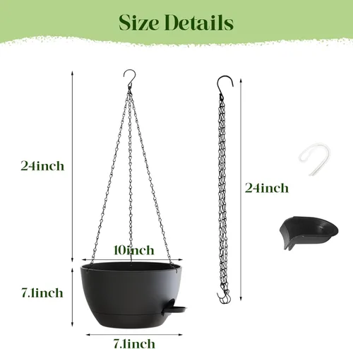 Vista 4 de Macetas colgantes de 10 pulgadas con cadenas, juego de 2, macetas auto-regables de plástico negro para plantas de interior y exterior, decoración