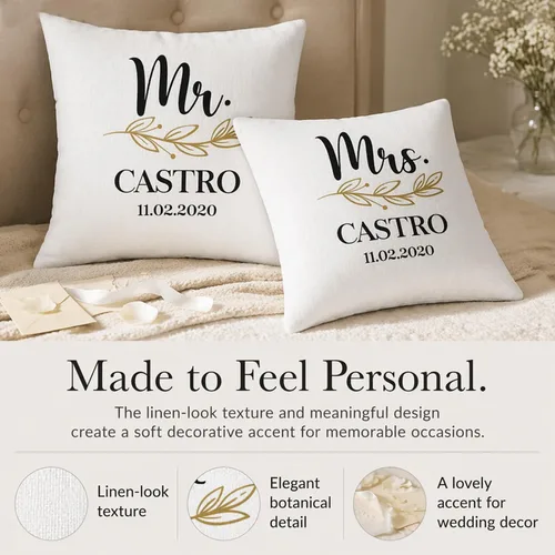 Vista 2 de Elegante juego de 2 fundas de almohada de lino blanco de Mr & Mrs personalizadas, regalos de boda, despedida de soltera, día de San Valentín