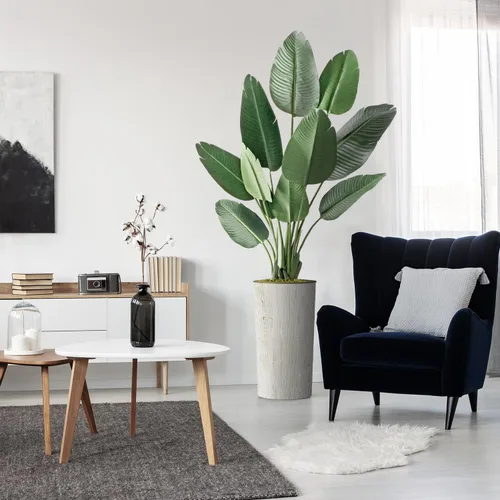 Vista 18 de Árbol artificial en macetero moderno con patrón de remolino, palmera tropical areca artificial de seda para decoración del hogar en interiores