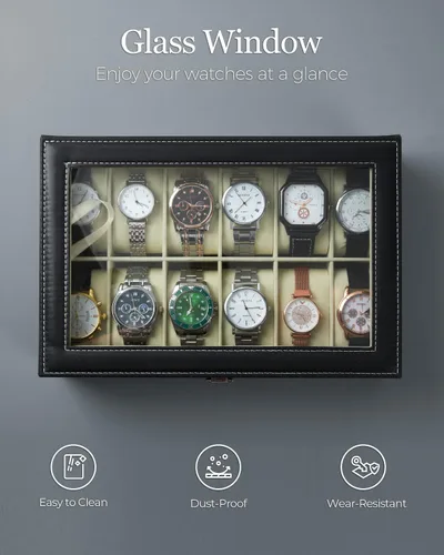 Vista 3 de Caja de reloj de piel; organizador de joyería con visualización y 12 ranuras Ohuhu