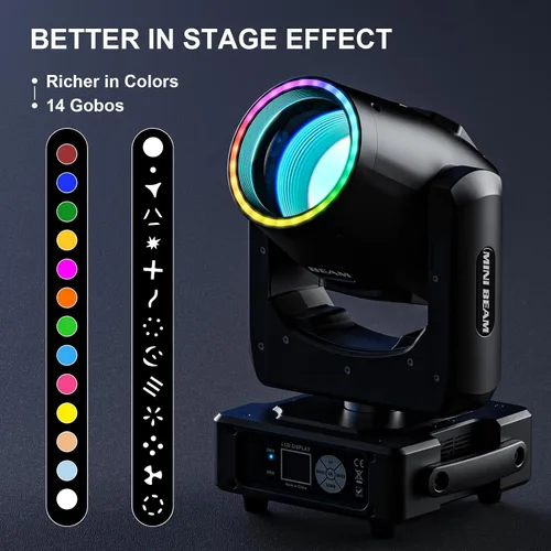 Vista 2 de 350W 7R Luz de haz con cabeza móvil y tira LED RGB, control DMX512, sonido activado, efecto de prisma, niebla, arcoíris, 48 prismas y 14 gobos, 14
