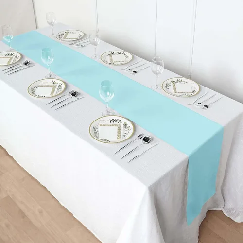 Vista 8 de Efavormart - Camino de mesa de poliéster de alta calidad azul claro para bodas, fiestas de cumpleaños, banquetes, decoración, ajuste rectangular