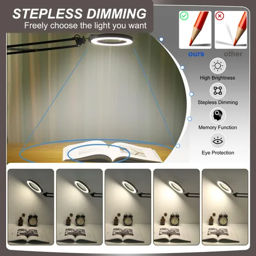 Vista 4 de VEEMAGNI Lupa grande de cristal real de 12 x 5 pulgadas con luz y soporte, 5 modos de color regulable, brazo giratorio largo LED abrazadera lámpara