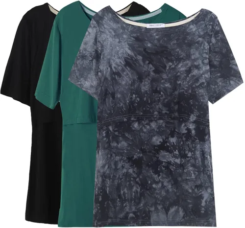 Vista 10 de Smallshow - Camisetas de lactancia para maternidad, manga corta, para mujer Verde militar-negro-gris oscuro (paquete de 3)