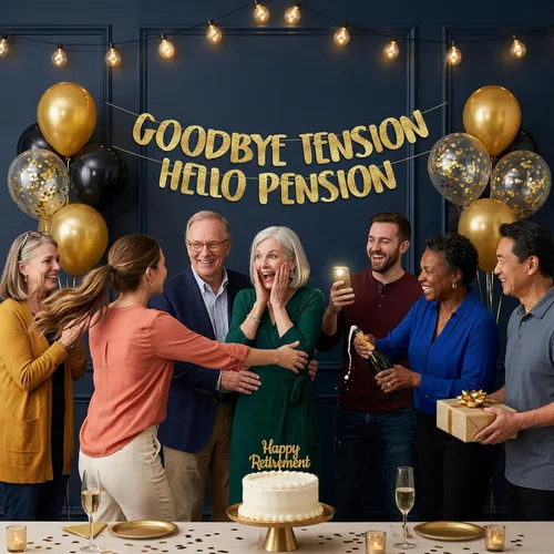Vista 6 de Cartel de purpurina dorada preencordada de Goodbye Tension Hello Pension - Divertidas decoraciones de jubilación para hombres y mujeres