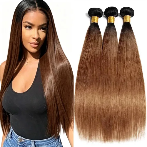 Vista 41 de P4613 Cabello humano rizado onda profunda marrón y paquetes mixtos 8 10 12 P4613 Ombre Marrón-Rubio-DP