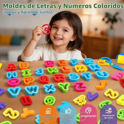 Vista 4 de Juego de 63 herramientas para masa de alfabeto y números con caja