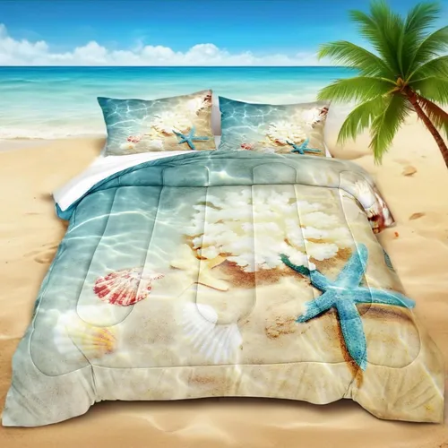Vista 13 de Bedbay Juego de edredón con temática de playa, juego de edredón costero tamaño Queen, vida marina, turquesa, estrellas de mar, juego de edredón