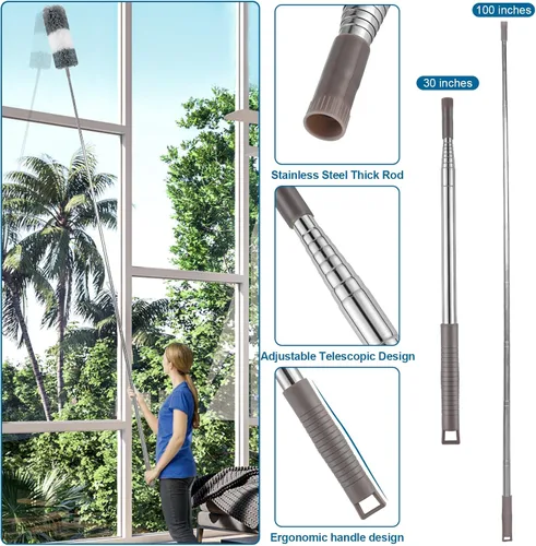 Vista 4 de Plumero de microfibra, 4 piezas con poste de extensión (acero inoxidable) de 30 a 100 pulgadas, plumeros reutilizables y flexibles, lavables