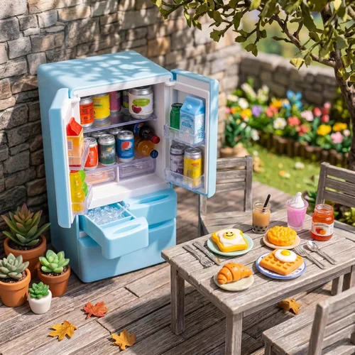 Vista 3 de Dollhouse - Mini refrigerador de juguete con 90 piezas de mini juego de jugo de helado de comida, juguete de nevera en miniatura para casa