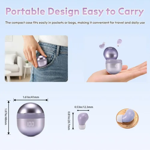Vista 6 de Mini auriculares para dormir Bluetooth 6.0 invisibles pequeños auriculares Púrpura