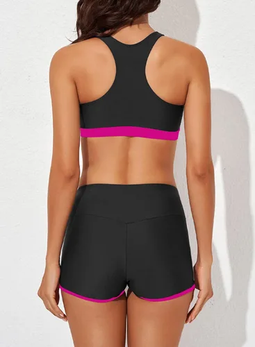 Vista 4 de Aleumdr Traje de baño deportivo de 3 piezas para mujer con pantalones cortos, camiseta sin mangas con brasier deportivo y pantalones cortos