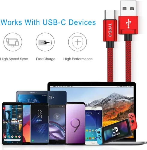 Vista 5 de Paquete con 2 cables USB C de 6.6 pies, Nylon trenzado tipo C, cable de carga, Funciona con Samsung Galaxy Note 9, 8, S8, S9, S10, 10 Plus, S10E