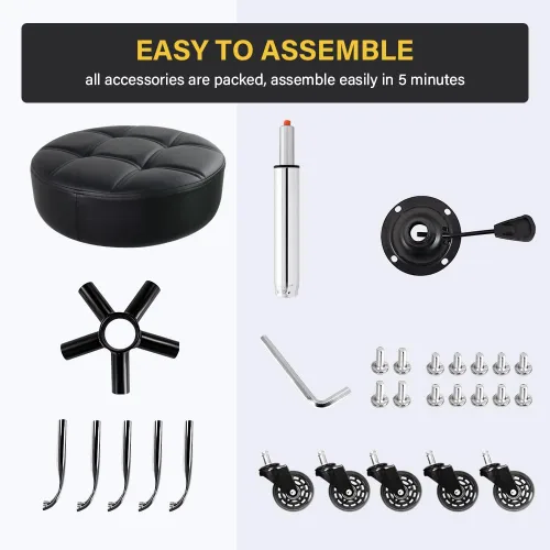 Vista 7 de WKWKER Taburete rodante resistente con ruedas, taburete giratorio hidráulico ajustable, silla redonda ergonómica de cuero grueso para cocina Negro