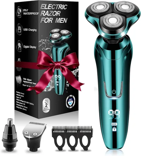 Vista 8 de Maquinilla de afeitar eléctrica para hombres, 3 cabezales flotantes, impermeable, para hombre, pantalla LED, inalámbrica, con recortadora de pelo