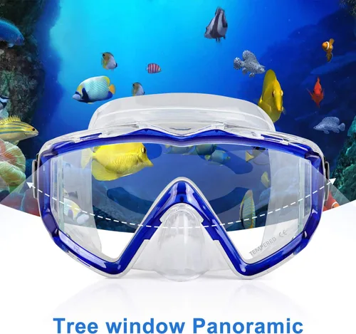 Vista 5 de Máscara de buceo Pano 3 para adultos, máscara de esnórquel de vidrio templado, máscara de natación antivaho sin fugas, gafas de natación con Azul