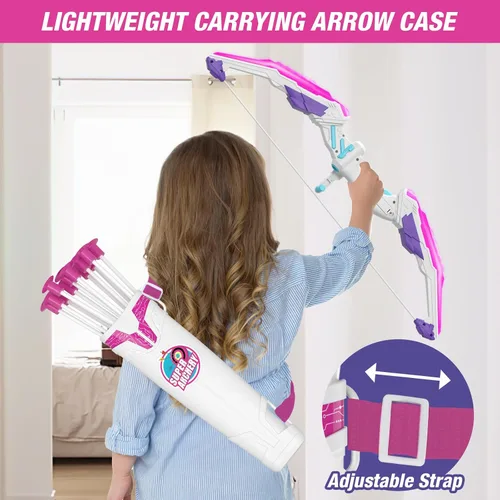 Vista 5 de HYES Arco y flecha para niños, juego de tiro con arco con luz LED con 12 flechas de ventosa, 1 objetivo para colgar, 3 objetivos de puntuación y 1