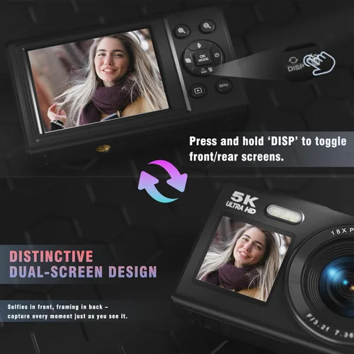 Vista 3 de Cámara digital 5K, cámara de doble pantalla con zoom digital de 18X, cámara compacta de vlogging para adolescentes, paquete de regalo