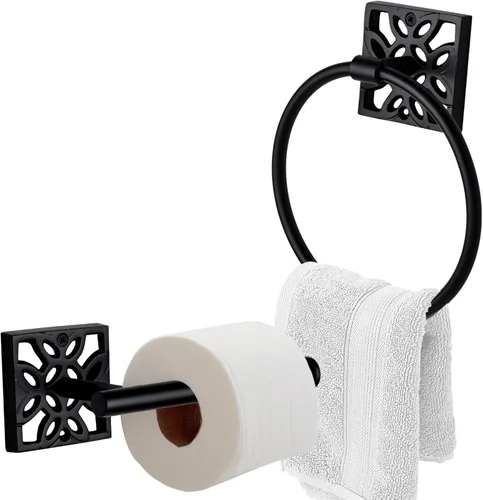 Vista 8 de Autumn Alley Juego de papel higiénico y toallero de baño, accesorios de baño modernos para montaje en pared, accesorios negros, 2 piezas, soporte