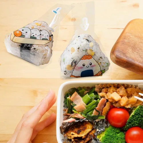 Vista 9 de iplusmile 100 bolsas de embalaje de bolas de arroz desechables con patrones creativos para loncheras y restaurantes de sushi, 7.48 x 5.90 pulgadas