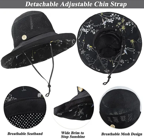 Vista 3 de Sombreros de malla de verano para mujeres con protección UV de ala ancha plegables para playa tipo bucket Negro