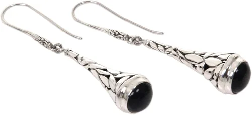 Vista 3 de NOVICA Aretes colgantes hechos a mano de plata de ley 925 de Indonesia con piedra preciosa negra metálica y piedra natal del árbol 2.5 pulgadas